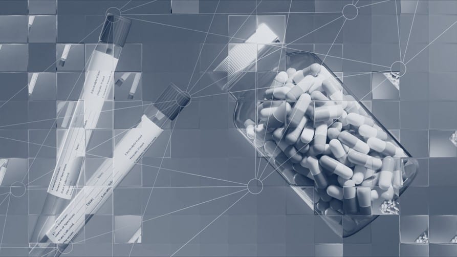 IA: imagem gráfica representando a inteligência artificial com duas seringas e um pote com pílulas brancas dentro.