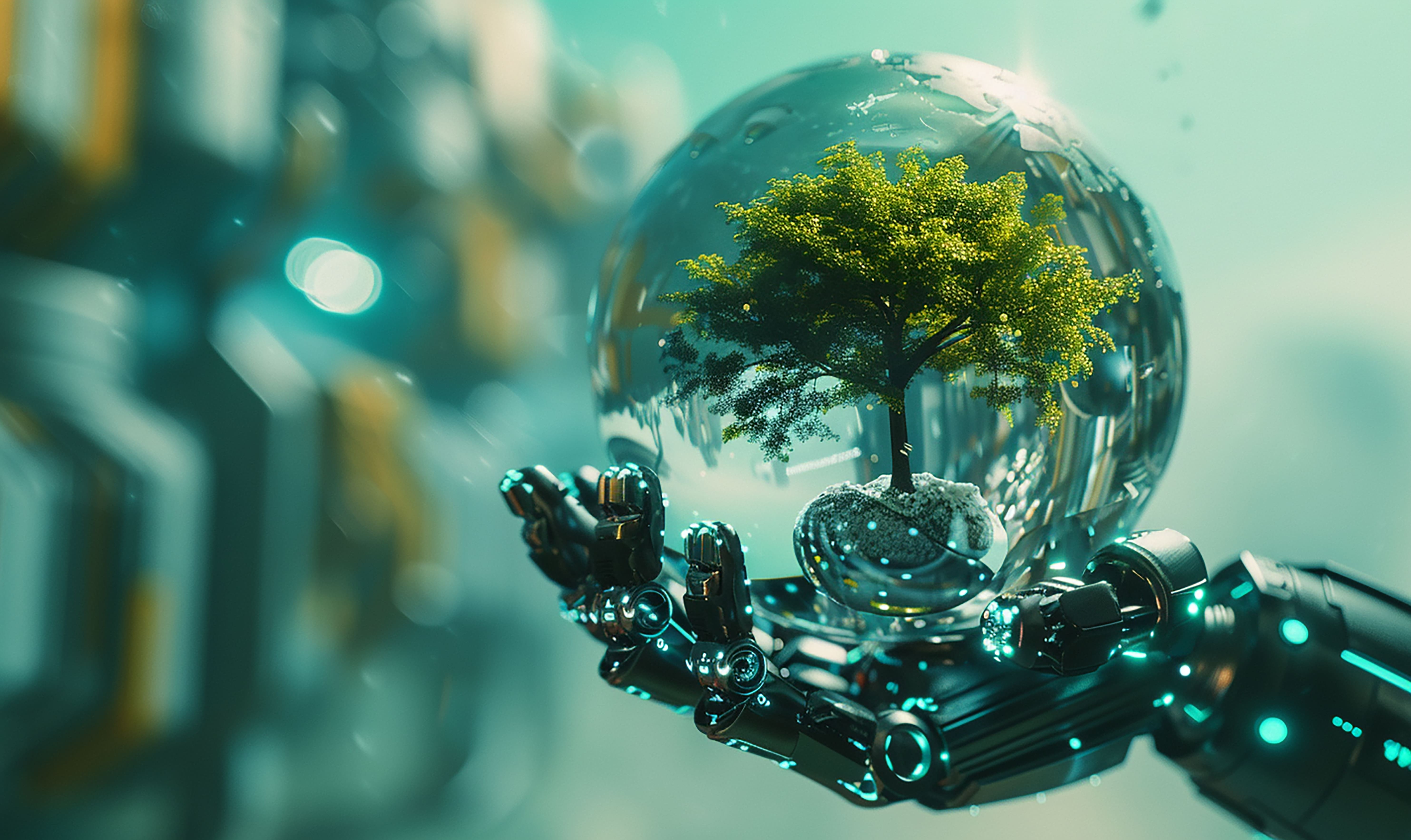 Imagem criada por IA que mostra a mão de um robô segurando uma esfera de vidro, que dentro contem uma árvore com caule marrom e folhas verdes.