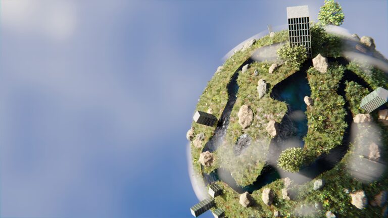 Imagem de inteligência artificial do planeta Terra com prédios e vasto gramado verde.